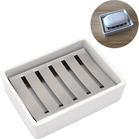 Portasapone in ceramica e acciaio inox per doccia e bagno, a doppio scomparto con scarico.