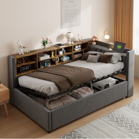 Cama tapizada 90x200 cm de terciopelo gris, con cabecero multifunción, almacenaje hidráulico, luz, USB y Type-C (1/5)