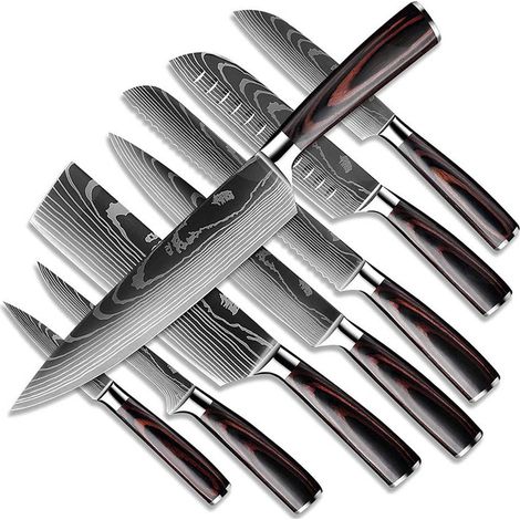 Messer-Set Küchenmesser 8-teilig – Asiatisches Edelstahl Messerset, Profi Kochmesser mit Santoku & Hackmesser, ergonomischer Pakka-Holzgriff, 60 HRC, ideal für Hobbyköche (1/5)