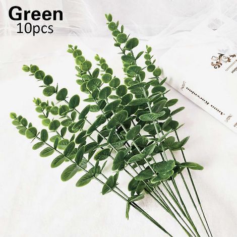 Lot de 10 feuilles artificielles vertes d'eucalyptus, fausses plantes vertes à suspendre pour décoration murale intérieure ou de mariage.
