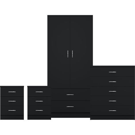 Riano 4 Piece Bedroom Set (3 Drw Bedside Chest, 5 Drw Chest, 2 Dr 2 Drw Wardrobe), Black (1/3)