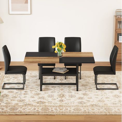 Ensemble de salle à manger MDF décor bois et métal noir, table 160x90 cm avec étagère intégrée et 4 chaises en PU noir (1/5)