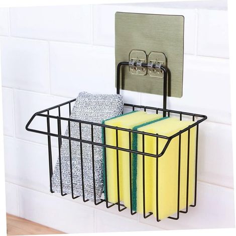 Rack de Stockage en Fer, Panier de Stockage d'Égouttures Monté Au Mur Dans la Salle de Bain, Egouttoir de Cuisine Sans Perçage avec Perche de Stockage de Chiffons Noir (1/5)