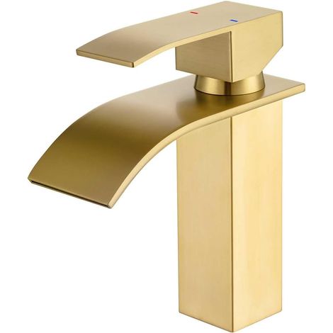 ONECE Robinet de Lavabo Cascade Doré, Mitigeur Cascade Robinet Salle de Bains Monotrou Sur Plage, Robinetterie Lavabo Vasque à Poser, Cartouche Céramique, Bas (1/5)