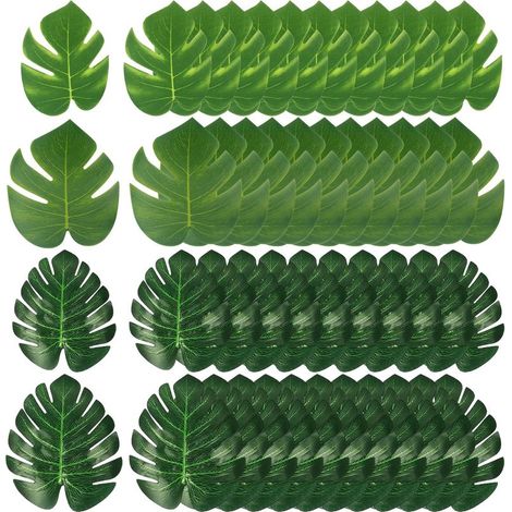 Lot de 48 feuilles de palmier artificielles Monstera - Feuilles tropicales - Décoration de fête - Vert - Décoration de plage, jungle - Anniversaire (deux tailles)