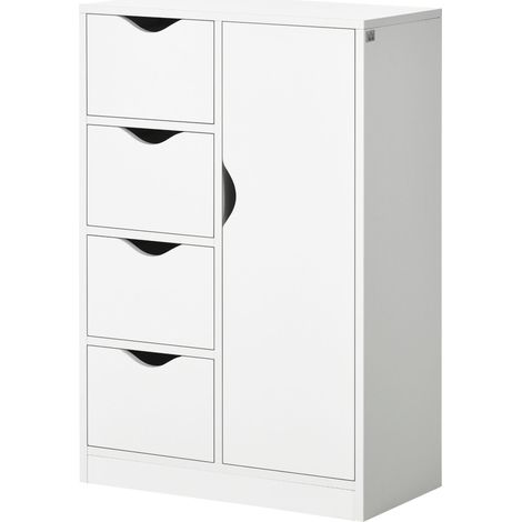 Bathroom Cabinet, Freestanding Storage Cabinet 4 Drawers, Door Cupboard for Living Room, Kitchen, Bedroom, White (1/5)
