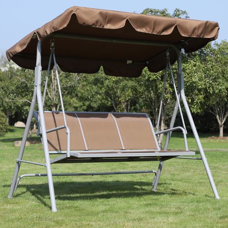 Balancín Jardín Exterior Columpio Exterior de 3 Plazas con Toldo Ajustable Respaldo Transpirable y Marco de Metal para Terraza Balcón Carga 240 kg 171x108x150 cm Marrón (1/5)