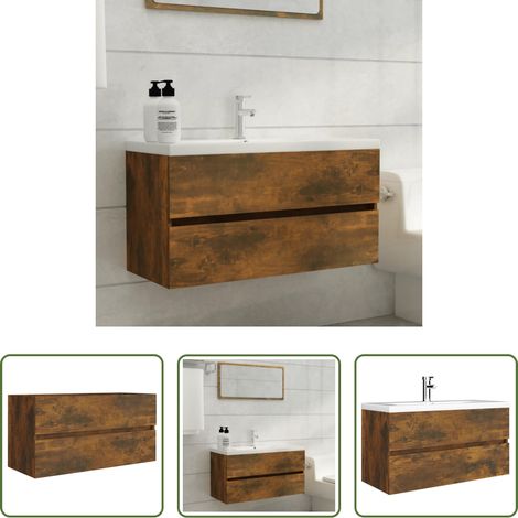 vidaXL Armoire d'évier -  Armoire de lavabo Chêne fumé 90x38,5x45 cm Bois d'ingénierie (1/5)