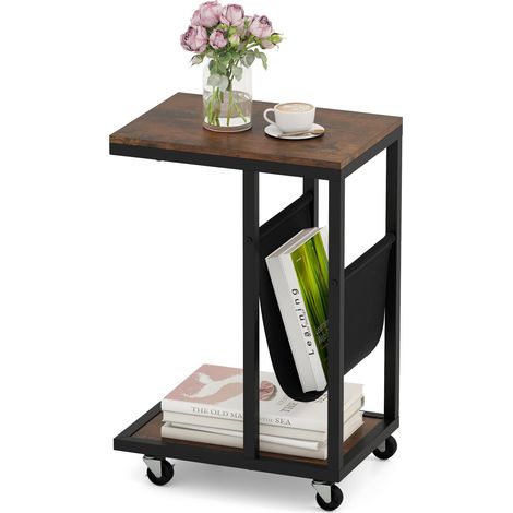 COSTWAY Tavolo per Computer, Tavolino Portatile a 3 Livelli con Tasca e Struttura in Metallo Resistente, Desk a Forma di C con Ruote per Camera da Letto, Balcone e Ufficio, 40 x 28 x 59 cm (1/5)