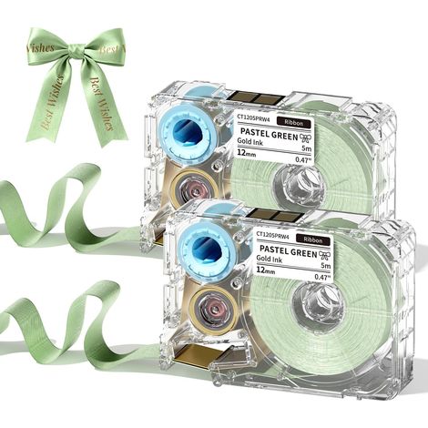 Thermal Transfer Labels for Organising and Filing Documents, 12mm5m, 2 Rolls, Light Green Background, Gold Writing (1/5)