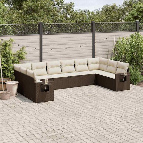 Ensemble de salon de jardin 10 pièces en résine tressée marron avec coussins blanc crème Mobilier d'extérieur modulaire (1/5)