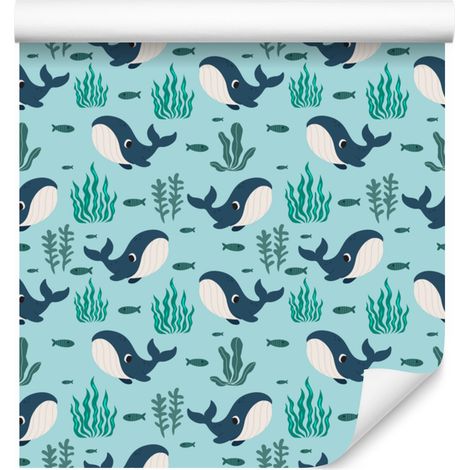 Papier peint baleines turquoise et céladon pour salon et chambre 50x1000 cm (1/5)
