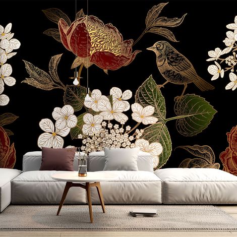 Papier peint panoramique - Fleurs Oiseau - 130 cm x 93 cm (1/4)
