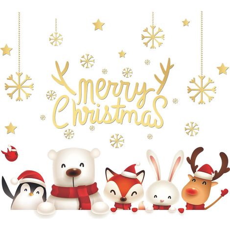 Stickers muraux de Noël, flocons de neige, décorations pour fenêtres, citations dorées « Joyeux Noël », bonhomme de neige, ours, renne, pingouin, renard, affiches décoratives murales, papier peint vin (1/5)