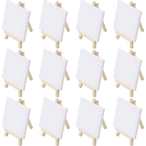12 Mini-Staffeleien, Leinwand 10 x 10 cm, Massivholz-Staffelei 15 x 8 cm, faltbares Dreibeinstativ, handbemalte Kreativtafel zum Selbermalen/Kunstausstellen für Kinder