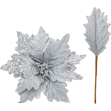 Jeffergarden Fleur de Noël argentée de 25 cm avec tige rétractable en pétale, idéale pour les hôtels, les mariages, les centres commerciaux et comme décoration de Noël.-DOU