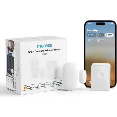MEROSS DÉTECTEUR CONNECTÉ POUR PORTES ET FENÊTRES (AVEC HUB), MINI CAPTEUR DE PORTE ET FENÊTRE WIFI, COMPATIBLE AVEC APPLE HOME,