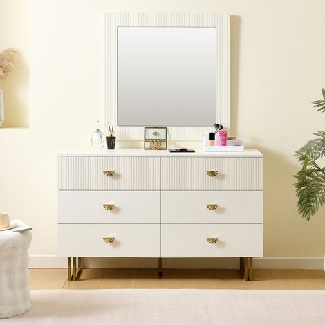 Cassettiera con 6 cassetti, 120 x 40 x 75 cm + specchio 80 x 80 cm, MDF bianco, dettagli dorati, gambe in acciaio — ingresso/camera da letto/soggiorno (1/5)