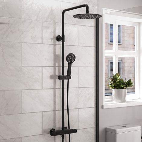 Nes Home Modern Round Matte Black Exposed Thermostatic Mixer Shower Set With Shower Head and Handheld (1/5)