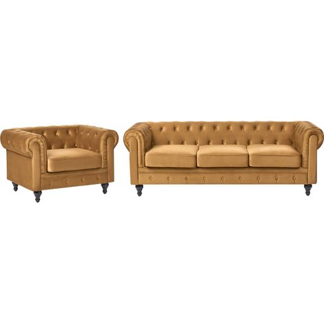 Conjunto de salón Chesterfield tapizado en tela de terciopelo amarillo sofá 3 plazas + sillón patas de madera oscura estilo contemporáneo Chesterfield