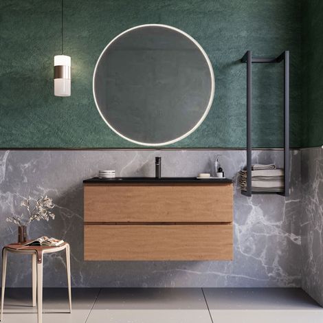 Mobile bagno sospeso 100cm rovere cartagena lavabo nero opaco specchio armony, selezione accessori senza specchio