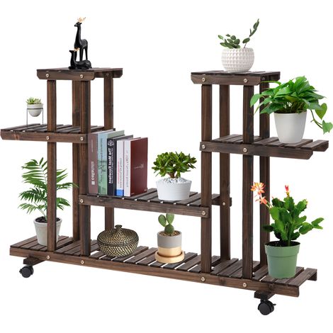 Porte plante 4 niveaux en bois avec roues 123,5 x 33 x 80 cm