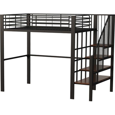 Cama alta 140 x 200 cm de metal con escalera y almacenaje inferior Negra (1/5)