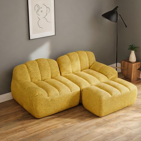 Canapé d'angle modulaire en granulé de laine jaune avec pouf (1/5)