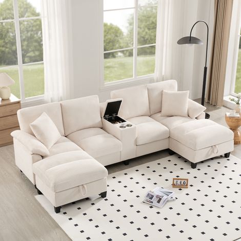 Divano U 293/142/93 cm beige in corduroy con USB, contenitore e cuscini (1/5)