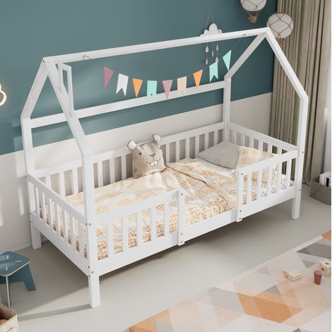 Kinderhausbett 90/200 cm weiß aus Kiefernholz mit Dach und Zaun (1/5)