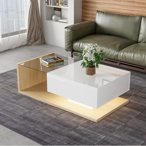 Tavolino da caffè 105 x 55 x 32,5 cm con vano, vetro e LED, bianco lucido e legno OKMYHOME (1/5)