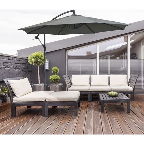 Parasol déporté de jardin en acier gris avec manivelle, toile en polyester, pied en croix, sans poids (1/5)
