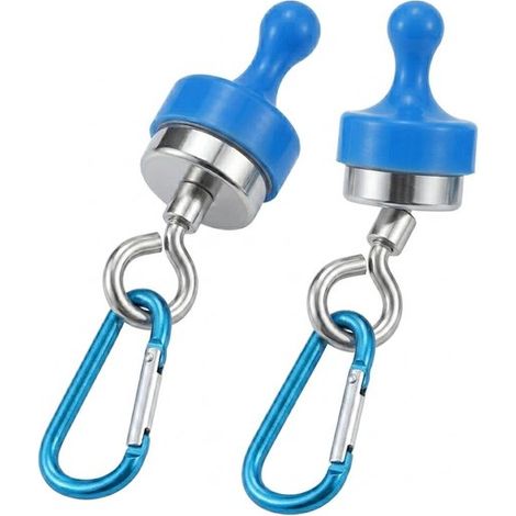 Crochets magnétiques bleus pour tentes et accessoires de camping - Deux crochets de tente robustes avec mousquetons pour suspendre des lampes, des rideaux et du matériel de camping. (1/5)
