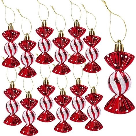12X Décoration Sapin de Noël Bonbons, Canne de Bonbons Plastique de Noel, à Paillettes, Sucre d'orge, Décoration Sapin de Noël (Rouge et Blanc)