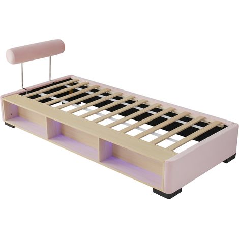 Cama infantil tapizada rosa 90x200 cm con estante lateral LED y almacenaje abierto (1/5)