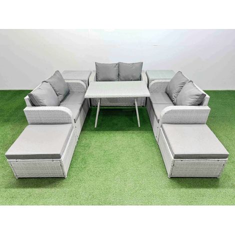 Fimous Rattan Garden Furniture Dining Set 8-seater Patio Rectangular Table Love Sofa Set with 2 Side Tables 2 Big Stools (1/4)