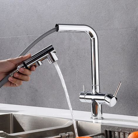 Robinet de cuisine en laiton chromé avec filtre, robinet purificateur d'eau à double jet, mitigeur d'eau potable, robinet doré pour évier. (1/5)