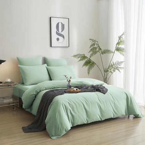 Parure de lit en coton 135 x 200 cm - Vert clair - Housse de couette 2 pièces - 100 % coton lavé - Confortable - Parure de lit pour ami, famille, cadeau avec 1 taie (1/5)