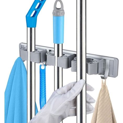 Porte Balai Mural Multifonctions, Alliage d'aluminium Accroche Balai Mural Crochet Balai, Support Mural pour Cuisine, Salle de Bain, Garage et Jardin (3 Supports et 4 Crochets) (1/2)