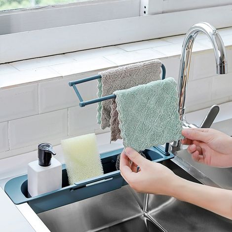Organisateur Télescopique Caddy Bleu Évier – Porte-Éponge et Savon, Support Rangement Pratique pour Robinet de Cuisine (1/5)