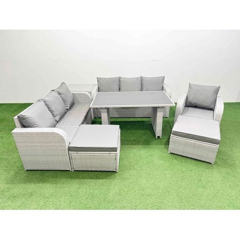 Fimous Rattan Garden Furniture Dining Set 9-seater Patio Rectangular Table Sofa Set with Side Table 2 Big Stools Light Grey (1/4)