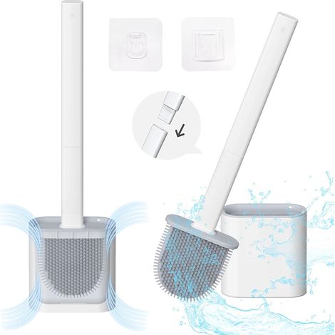 Brosse de toilette en silicone avec support mural à long manche antibactérien flexible plat à séchage rapide brosse de toilette blanc (1/2)