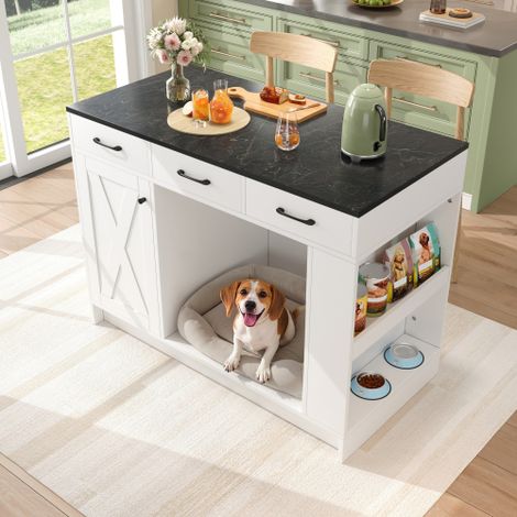 Kücheninsel, Schrank mit 3 Schubladen, 1 Gewürzablage, verstellbare Regalplatte, Doppelablage (ohne Hundefutterteller), geräumiger Haustieraufbewahrungsbereich (ohne Hundekissen), 1206090 cm, weiß