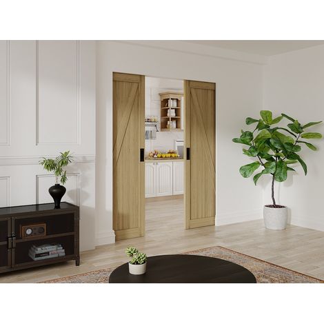 Porte coulissante double avec système à galandage en bois et MDF - Naturel clair - 2 x H205 x L63 cm - BALERMA (1/2)