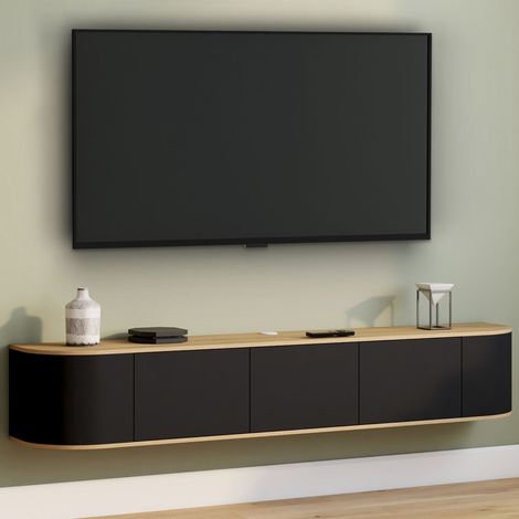 Mueble TV suspendido LEORA 180 cm 3 puertas negro y madera (1/5)