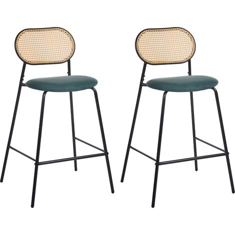 Conjunto de 2 sillas de bar taburetes de barra estructura de metal respaldo de ratán negro Adaver