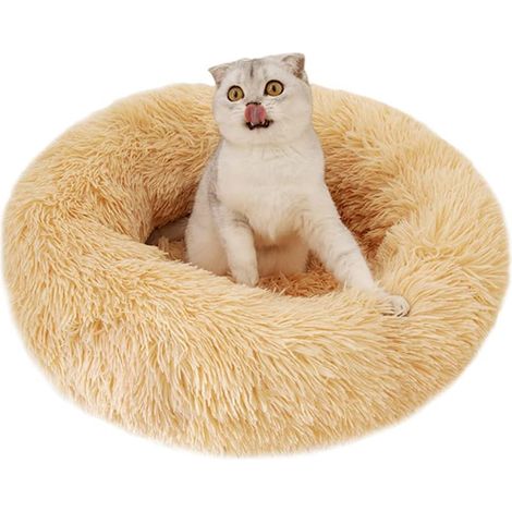 Panier rond en forme de donut pour chien ou chat, en peluche douce et confortable, marron clair, 50 cm (1/5)