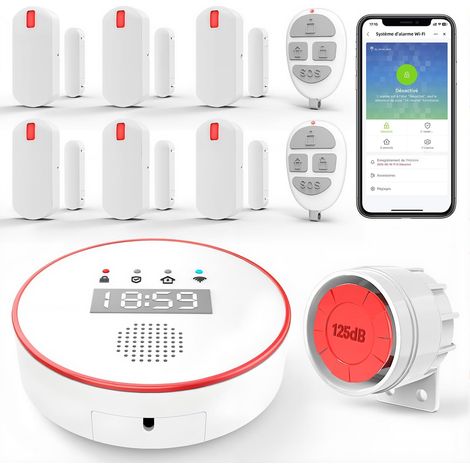 Alarme Maison sans Fil: système de sécurité Wi-FI 5 GHz avec Horloge - 1 Sirène 125dB - 6 Capteurs Porte/Fenêtre - 2 Télécommandes - 1 Hub - Compatible (1/5)