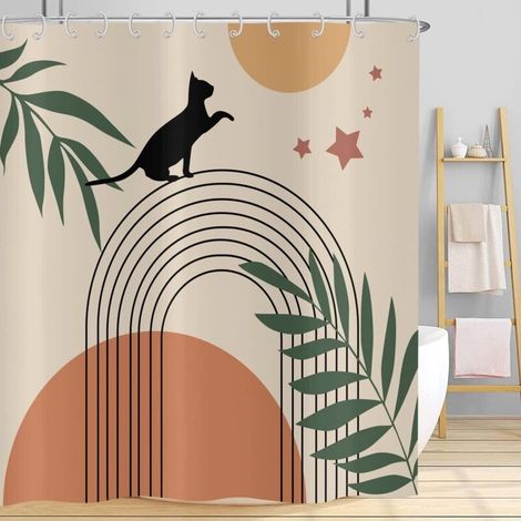 A 150x180 Shower Curtain Boho Mid Century Abstract Black Cat Green Leaf Bow Sun Moon Beige Bath Curtain Modern Minimalist Geometric Aesthetic Art Bath Curtain with Hooks (1/5)