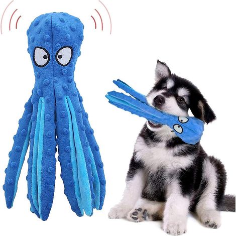 Poulpe interactif en peluche bleu pour animaux de petite et moyenne taille, durable et sans rembourrage, idéal pour l'entraînement et la mastication. (1/4)